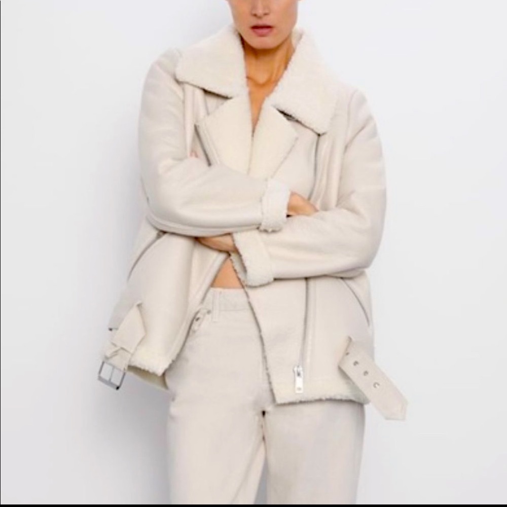 Zara Biker Jacket White Sherpa Lined